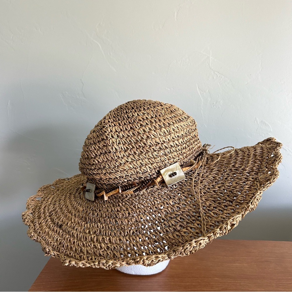 Vintage Scala Seagrass Straw Wide-Brim Sun Hat Shell Beaded Beach Coastal Summer
